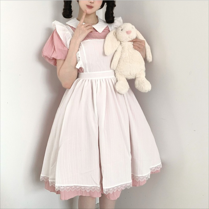 Long Pink White Maid Dress wit - Vintage Fashion Dresses recension och pris
